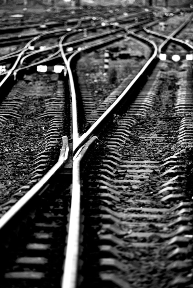 A railway switch seen from above: one track becoming two